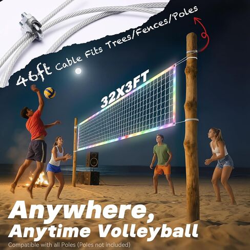 LED Volleyball Net Outdoor with Long-Lasting Lights & Reinforced Tear-Resistant Nylon, Multi-Stunning Night Modes, 46FT Extra-Long Steel Cable for Backyard & Beach (32x3FT) in Kuwait