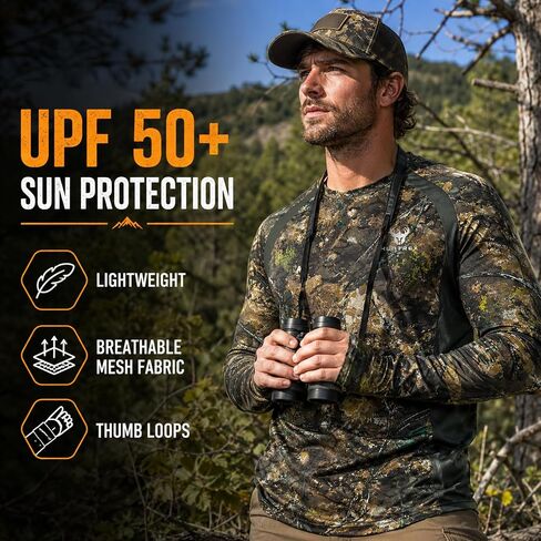 Men’s Camo Hunting Shirt UPF 50+ Sun Protection Lightweight Quick Dry Long Sleeve Camouflage Shirt Mesh Panels & Thumb Loops in Kuwait