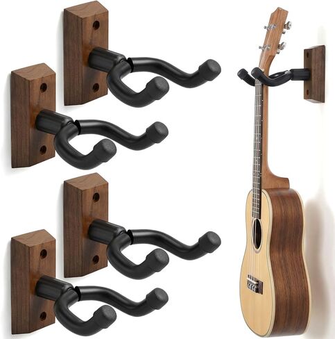 4 Pcs Ukulele Wall Mount, Acoustic Guitar Wall Mount Hanger Set, Black Walnut Wood U-Shaped Holder for Ukulele Banjo Mandolin Guitar, Wall Mount Hook for Home Music Studio Decor in Kuwait