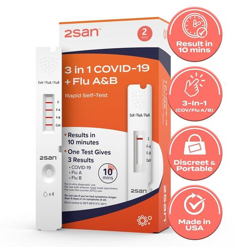 2San COVID-19 and Flu Test, Results in 15 Minutes, Antigen Rapid Combo Test, 3-in-1 Flu A&B Test + Covid Test Kit at Home, Easy to Use Nasal Swab for Home, Flu Tests for Home (2 Pack) in Kuwait
