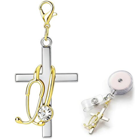 Cross Stethoscope Charm, Stainless Steel Cross Badge Reel Buddy Stethoscope Charm with Rhinestone, ID Holder Clip Badge Holders Reel Accessories for Nurse Doctor Keychains- Gold in Kuwait