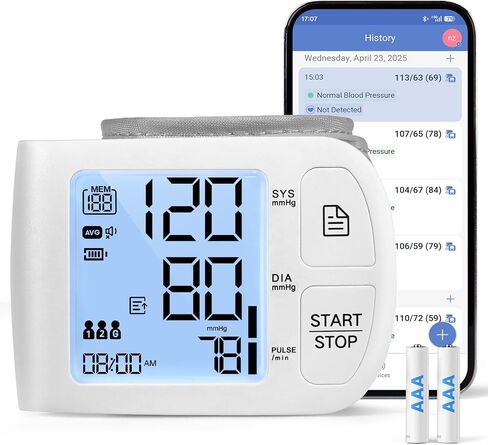 جهاز مراقبة ضغط الدم بلوتوث متوافق مع iOS وAndroid BP Machine 199x2 قراءات سوار معصم 5.31-8.46 بوصة بطاريات بث صوتي متضمنة مع حقيبة حمل، أبيض in Kuwait