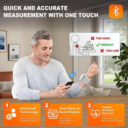 جهاز مراقبة ضغط الدم بلوتوث متوافق مع iOS وAndroid BP Machine 199x2 قراءات سوار معصم 5.31-8.46 بوصة بطاريات بث صوتي متضمنة مع حقيبة حمل، أبيض in Saudi Arabia