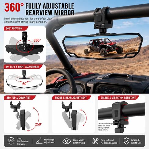 مرآة الرؤية الخلفية لمركز UTV لـ LandMaster L5 4×4 2020-2026، مرآة رؤية خلفية محدبة بزاوية واسعة لأقفاص لفة مقاس 1.5 بوصة - 2 بوصة، مرآة للطرق الوعرة مقاومة للكسر قابلة للتعديل in Kuwait
