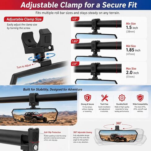 مرآة الرؤية الخلفية لمركز UTV لـ LandMaster L5 4×4 2020-2026، مرآة رؤية خلفية محدبة بزاوية واسعة لأقفاص لفة مقاس 1.5 بوصة - 2 بوصة، مرآة للطرق الوعرة مقاومة للكسر قابلة للتعديل in Kuwait