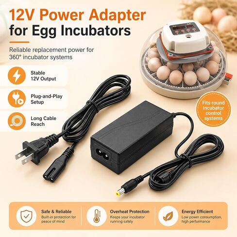 12V Power Supply Cord Compatible with Nurture Right 360° Egg Incubator, 47 Inch Replacement Power Adapter Charger with LED Indicator for Egg Hatching Temperature Humidity Control, 100-240V Max 60W in Kuwait