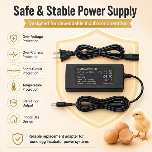 12V Power Supply Cord Compatible with Nurture Right 360° Egg Incubator, 47 Inch Replacement Power Adapter Charger with LED Indicator for Egg Hatching Temperature Humidity Control, 100-240V Max 60W in Kuwait