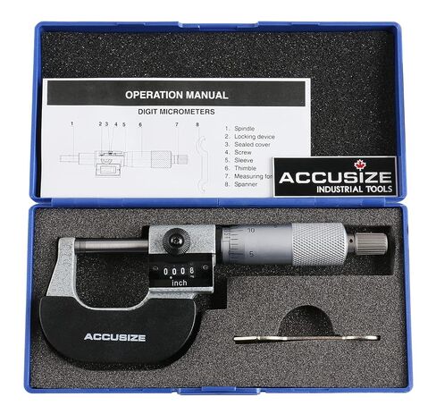 Accusize Industrial Tools Outside Micrometer, 0-1", BC20-1101 | 0.0001 in Resolution, Carbide Faces, Hardened Spindle, Fitted Case in Kuwait