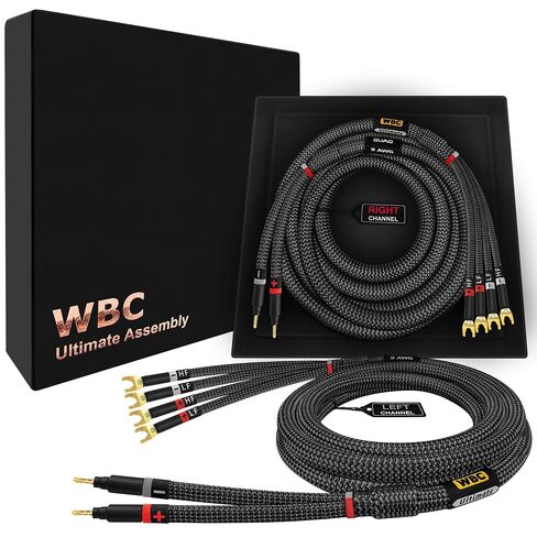 أفضل الكابلات في العالم بطول 8 أقدام - 9 AWG - OFC فائق النقاء - زوج كابل مكبر صوت عالي الجودة HiFi ثنائي الأسلاك مع مقابس Eminence Gold Banana (x2) ومجرفة (x4) وسترة تويد كربونية in Kuwait