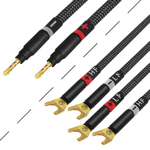 أفضل الكابلات في العالم بطول 8 أقدام - 9 AWG - OFC فائق النقاء - زوج كابل مكبر صوت عالي الجودة HiFi ثنائي الأسلاك مع مقابس Eminence Gold Banana (x2) ومجرفة (x4) وسترة تويد كربونية in Kuwait
