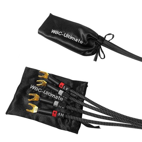 أفضل الكابلات في العالم بطول 8 أقدام - 9 AWG - OFC فائق النقاء - زوج كابل مكبر صوت عالي الجودة HiFi ثنائي الأسلاك مع مقابس Eminence Gold Banana (x2) ومجرفة (x4) وسترة تويد كربونية in Kuwait