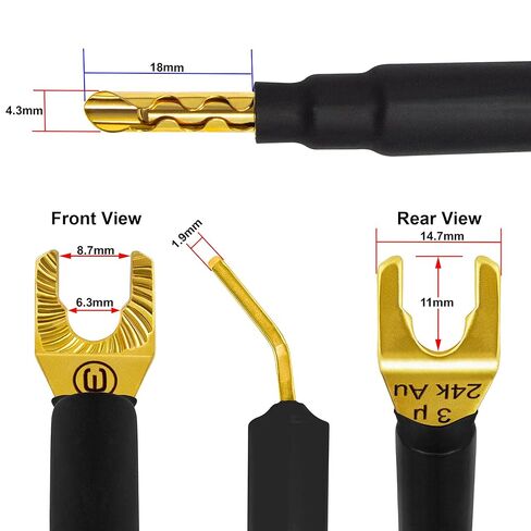 أفضل الكابلات في العالم بطول 8 أقدام - 9 AWG - OFC فائق النقاء - زوج كابل مكبر صوت عالي الجودة HiFi ثنائي الأسلاك مع مقابس Eminence Gold Banana (x2) ومجرفة (x4) وسترة تويد كربونية in Kuwait