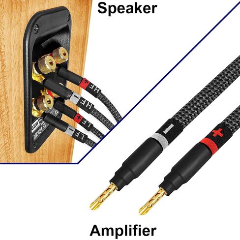 أفضل الكابلات في العالم بطول 8 أقدام - 9 AWG - OFC فائق النقاء - زوج كابل مكبر صوت عالي الجودة HiFi ثنائي الأسلاك مع مقابس Eminence Gold Banana (x2) ومجرفة (x4) وسترة تويد كربونية in Kuwait
