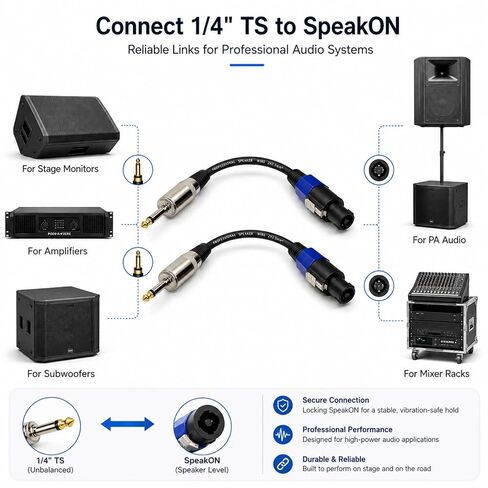 12AWG 1/4 TS Male to Connector Compatible for Speakon NL4FC Speaker Cable, Professional PA Audio Cable for Stage Monitors, Subwoofers and Amplifiers, 6 Inch, 2-Pack in Kuwait