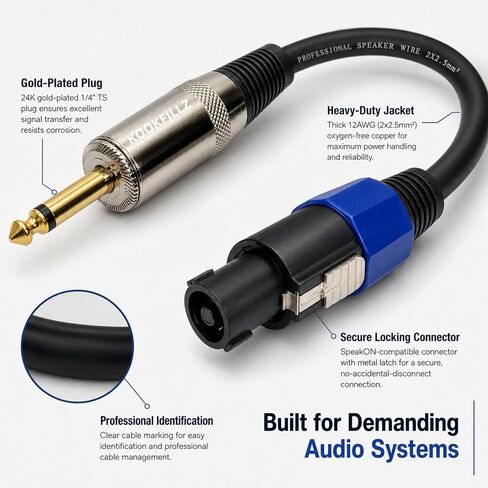 12AWG 1/4 TS Male to Connector Compatible for Speakon NL4FC Speaker Cable, Professional PA Audio Cable for Stage Monitors, Subwoofers and Amplifiers, 6 Inch, 2-Pack in Kuwait