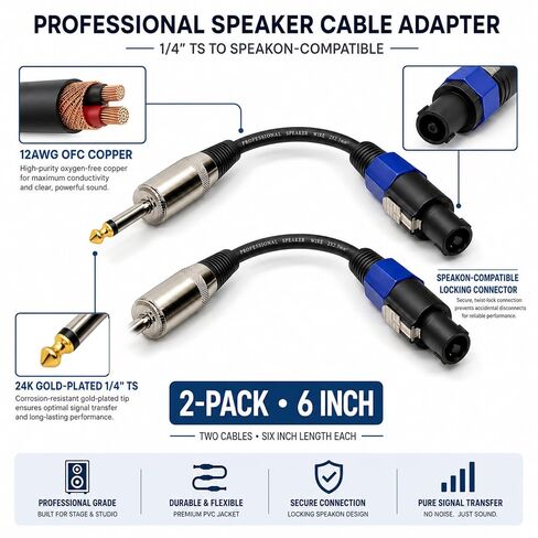 12AWG 1/4 TS Male to Connector Compatible for Speakon NL4FC Speaker Cable, Professional PA Audio Cable for Stage Monitors, Subwoofers and Amplifiers, 6 Inch, 2-Pack in Kuwait