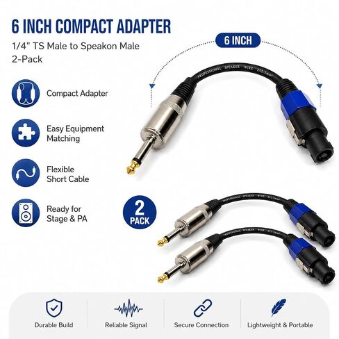 12AWG 1/4 TS Male to Connector Compatible for Speakon NL4FC Speaker Cable, Professional PA Audio Cable for Stage Monitors, Subwoofers and Amplifiers, 6 Inch, 2-Pack in Kuwait
