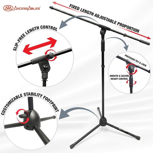 AxcessAbles MS-101 Microphone Stand with Boom Arm, Height Adjustable 37"-64" With 30" Boom arm, Folding Tripod Base, Portable Floor Mic Stand for Singing, Podcasting, Recording, Studio & Stage in Kuwait