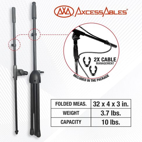 AxcessAbles MS-101 Microphone Stand with Boom Arm, Height Adjustable 37"-64" With 30" Boom arm, Folding Tripod Base, Portable Floor Mic Stand for Singing, Podcasting, Recording, Studio & Stage in Kuwait