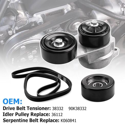BIHEE Drive Belt Tensioner Kit Compatible with Accord, Odyssey, Pilot, Ridgeline, Acura MDX,TL, ZDX - Direct Fit Replacement OE K060841 38332 36112 90K38332 with Serpentine Belt & Idler Pulley, 3PCS in Kuwait
