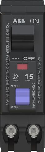 ABB Q-Line® THQL1115PDF Dual Function Circuit Breaker • 15 Amp Single-Pole Breaker • AFCI/GFCI Protection • 120/240 VAC • 10 kA Interrupt Rating • Plug-On Neutral Breaker for Load Centers in Kuwait