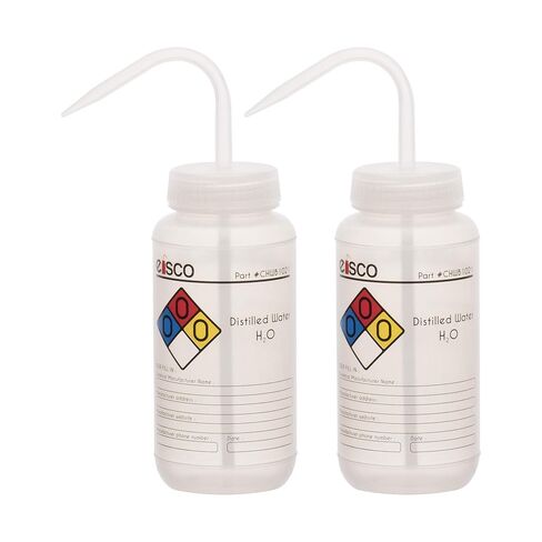 EISCO 2PK Wash Bottle for Distilled Water, 500ml - Labeled with Color Coded Chemical & Safety Information (4 Colors) - Wide Mouth, Self Venting, Low Density Polyethylene Labs in Kuwait