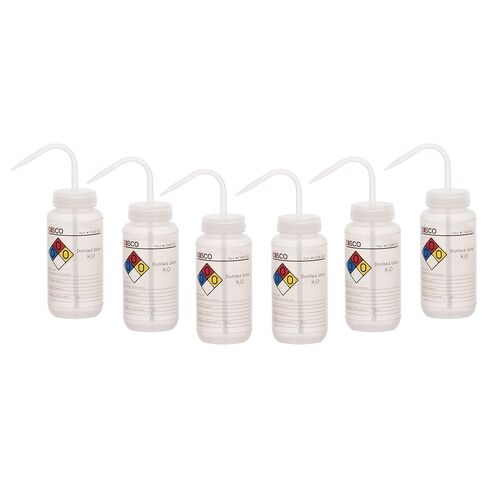 EISCO 2PK Wash Bottle for Distilled Water, 500ml - Labeled with Color Coded Chemical & Safety Information (4 Colors) - Wide Mouth, Self Venting, Low Density Polyethylene Labs in Kuwait