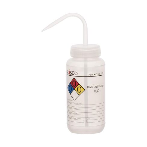 EISCO 2PK Wash Bottle for Distilled Water, 500ml - Labeled with Color Coded Chemical & Safety Information (4 Colors) - Wide Mouth, Self Venting, Low Density Polyethylene Labs in Kuwait