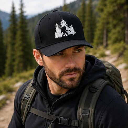 قبعة Flexfit Bigfoot للرجال، قبعة Sasquatch Flex Fit، قبعة مناسبة للاستخدام الخارجي للمشي لمسافات طويلة والتخييم والمغامرات، قبعة مخصصة وألوان خيط S/M L/XL XL/XXL أسود in Kuwait