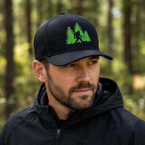 قبعة Flexfit Bigfoot للرجال، قبعة Sasquatch Flex Fit، قبعة مناسبة للاستخدام الخارجي للمشي لمسافات طويلة والتخييم والمغامرات، قبعة مخصصة وألوان خيط S/M L/XL XL/XXL أسود in Kuwait