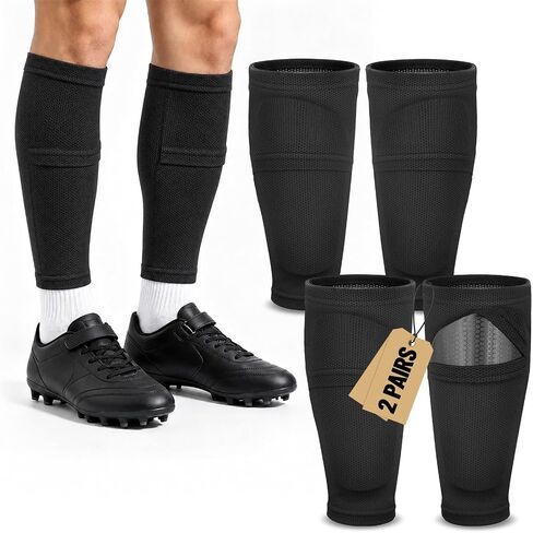 Kids Soccer Shin Guard Sleeves 2 Pairs with Pocket, Youth Shin Pad Holders for Boys & Girls Ages 3–15, Breathable Non-Slip Soccer Compression Sleeves for Training & Games in Kuwait