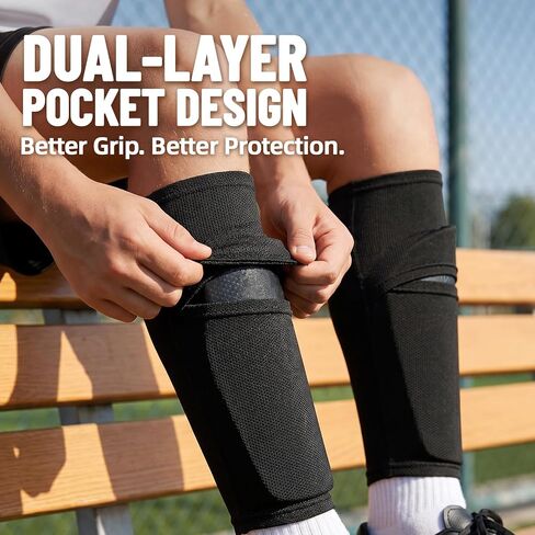Kids Soccer Shin Guard Sleeves 2 Pairs with Pocket, Youth Shin Pad Holders for Boys & Girls Ages 3–15, Breathable Non-Slip Soccer Compression Sleeves for Training & Games in Kuwait