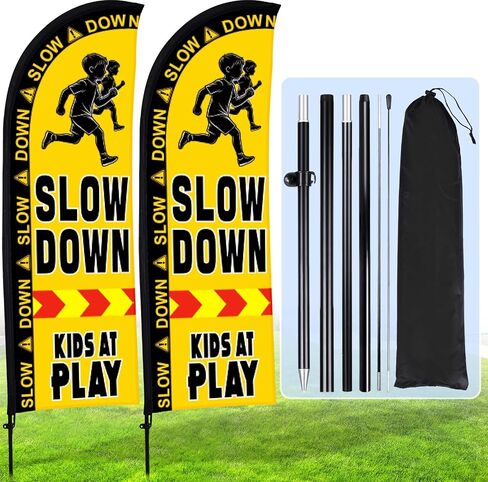 Buryeah 2 Sets Slow Down Kids at Play Feather Flag with Pole Kit and Ground Stake 7ft Double-sided Safety Banner Sign Kids at Banner Flag for Streets, Yards and Driveways Outdoors in Kuwait