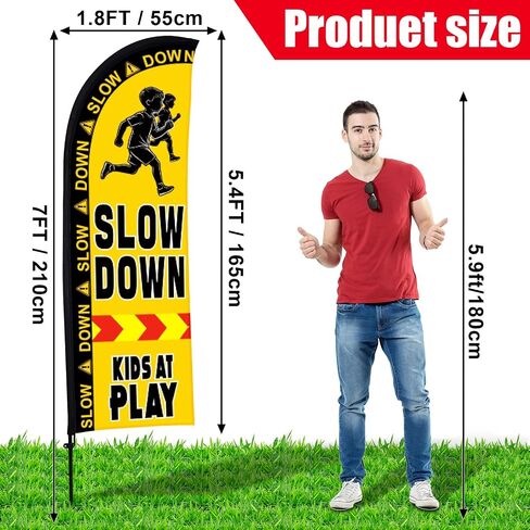 Buryeah 2 Sets Slow Down Kids at Play Feather Flag with Pole Kit and Ground Stake 7ft Double-sided Safety Banner Sign Kids at Banner Flag for Streets, Yards and Driveways Outdoors in Kuwait