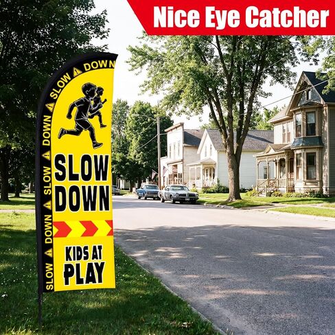 Buryeah 2 Sets Slow Down Kids at Play Feather Flag with Pole Kit and Ground Stake 7ft Double-sided Safety Banner Sign Kids at Banner Flag for Streets, Yards and Driveways Outdoors in Kuwait