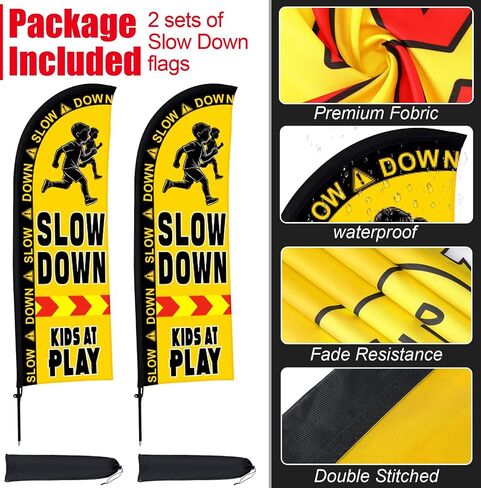 Buryeah 2 Sets Slow Down Kids at Play Feather Flag with Pole Kit and Ground Stake 7ft Double-sided Safety Banner Sign Kids at Banner Flag for Streets, Yards and Driveways Outdoors in Kuwait