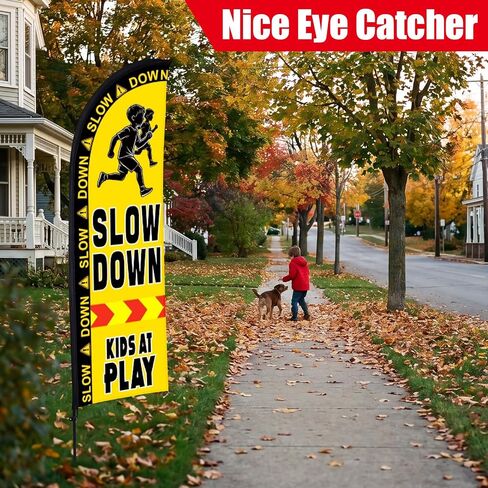 Buryeah 2 Sets Slow Down Kids at Play Feather Flag with Pole Kit and Ground Stake 7ft Double-sided Safety Banner Sign Kids at Banner Flag for Streets, Yards and Driveways Outdoors in Kuwait