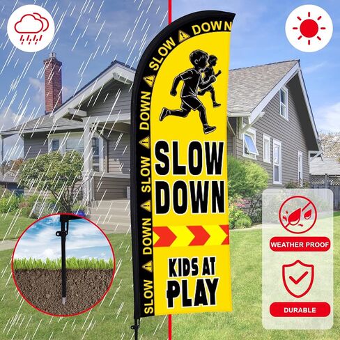 Buryeah 2 Sets Slow Down Kids at Play Feather Flag with Pole Kit and Ground Stake 7ft Double-sided Safety Banner Sign Kids at Banner Flag for Streets, Yards and Driveways Outdoors in Kuwait