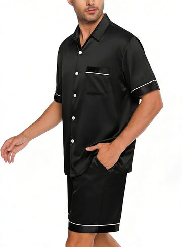 SWOMOG Men Silk Satin Pajamas Short Sleeve Pjs Set Button Down Sleepwear Soft Lounge Set Nightwear with Pockets in Saudi Arabia