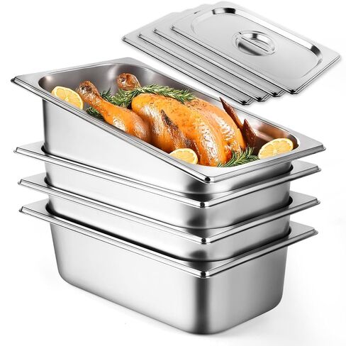 West Bay 4 Pack 1/3 Hotel Pan with Lids, 4'' Deep Steam Table Pan with Lid, 13''L x 6.8''W Stainless Steel Pans for Home, Party, Hotel, Buffet in Kuwait