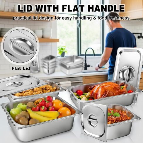 West Bay 4 Pack 1/3 Hotel Pan with Lids, 4'' Deep Steam Table Pan with Lid, 13''L x 6.8''W Stainless Steel Pans for Home, Party, Hotel, Buffet in Kuwait