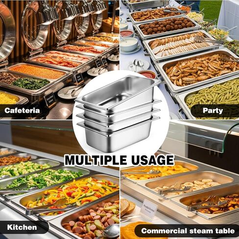 West Bay 4 Pack 1/3 Hotel Pan with Lids, 4'' Deep Steam Table Pan with Lid, 13''L x 6.8''W Stainless Steel Pans for Home, Party, Hotel, Buffet in Kuwait