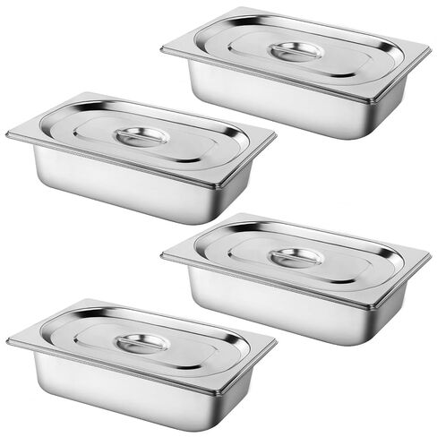 West Bay 4 Pack 1/3 Hotel Pan with Lids, 4'' Deep Steam Table Pan with Lid, 13''L x 6.8''W Stainless Steel Pans for Home, Party, Hotel, Buffet in Kuwait