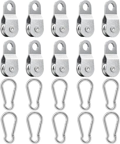 Pulley System with 10/20/40Pcs Metal Single Pulley and 10Pcs Spring Hook, Single Pulley Wheel for 0.23 Inch/6mm Rope, Wire Rope Hanging Wire Towing Wheel for Netting Baseball Batting Cages in Kuwait