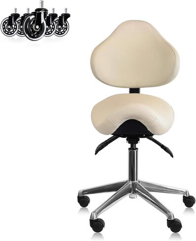 2xhome Set of 1 Ergonomic Saddle Stool with Back | Rolling Office Task Chair Adjustable Height Tilt Recline, Beige with Wheels in Kuwait