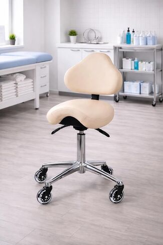 2xhome Set of 1 Ergonomic Saddle Stool with Back | Rolling Office Task Chair Adjustable Height Tilt Recline, Beige with Wheels in Kuwait