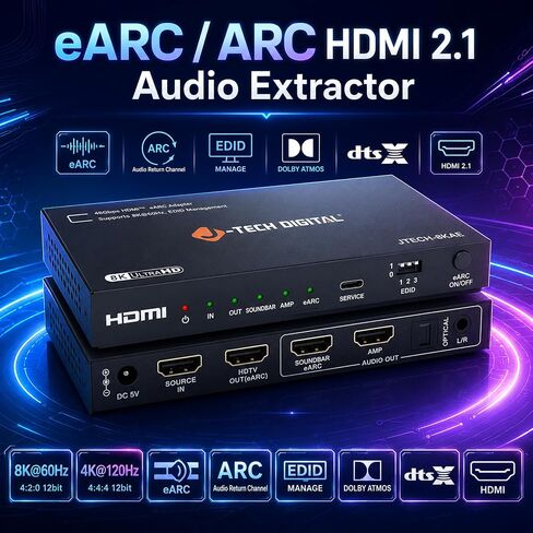 J-Tech Digital 8K HDMI Audio Extractor with eARC ARC 8K 60Hz 4K 120Hz, HDMI to Optical L/R Converter Adapter, HDCP 2.3 HDR CEC EDID [JTECH-8KAE] in Kuwait