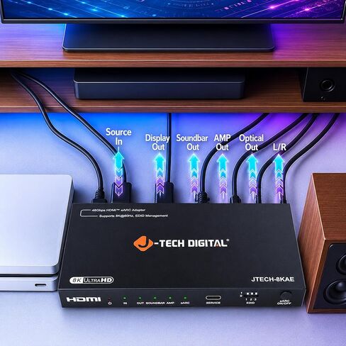 J-Tech Digital 8K HDMI Audio Extractor with eARC ARC 8K 60Hz 4K 120Hz, HDMI to Optical L/R Converter Adapter, HDCP 2.3 HDR CEC EDID [JTECH-8KAE] in Kuwait