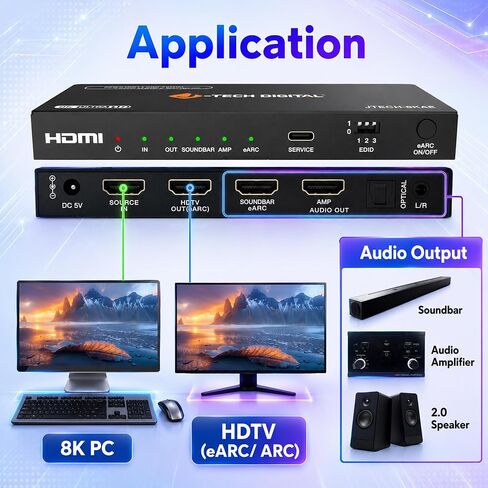 J-Tech Digital 8K HDMI Audio Extractor with eARC ARC 8K 60Hz 4K 120Hz, HDMI to Optical L/R Converter Adapter, HDCP 2.3 HDR CEC EDID [JTECH-8KAE] in Kuwait