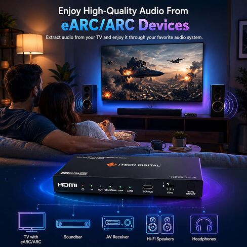 J-Tech Digital 8K HDMI Audio Extractor with eARC ARC 8K 60Hz 4K 120Hz, HDMI to Optical L/R Converter Adapter, HDCP 2.3 HDR CEC EDID [JTECH-8KAE] in Kuwait